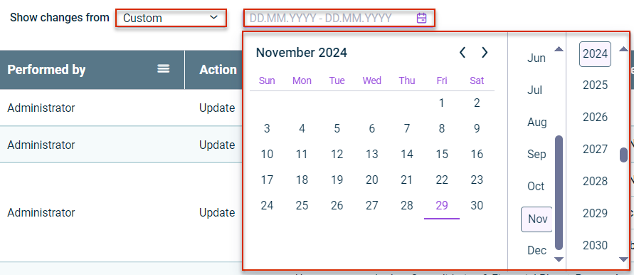 Specify a time period for the change log