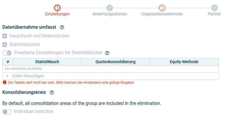 Zeigt den Reiter 'Einstellungen' der Datenübernahme und Quotierung.