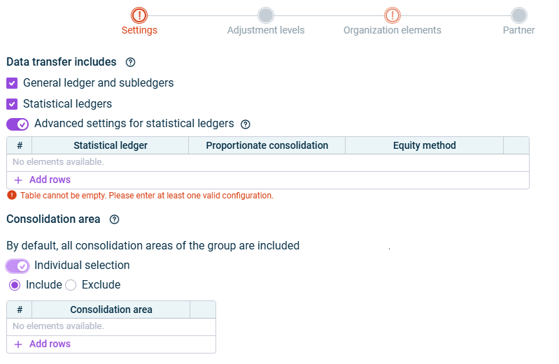 Shows the 'Settings' step of data transfer and proportioning.