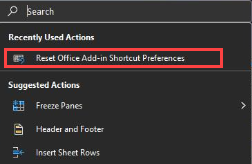Shows the MS Excel search box with the command 'Reset Office Add-in Shortcut Preferences' under 'Recently Used Actions'.