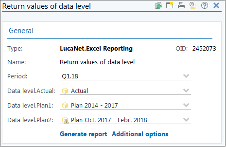 Shows the detail view of an “Excel reporting” element. The following settings have been selected for report creation: Period = Q1.2018, Data level.actual = Actual, Data level.plan1 = Plan 2014-2017, Data level.plan2 = Plan Oct 2017 - Feb 2018.