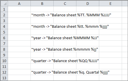 Shows an Excel worksheet with various tilde formulas for returning periods (2xmonth, 2xyear, 2xquarter)