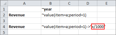 Shows an Excel section with tilde formulas. ->“x/1000” was appended to the second formula.