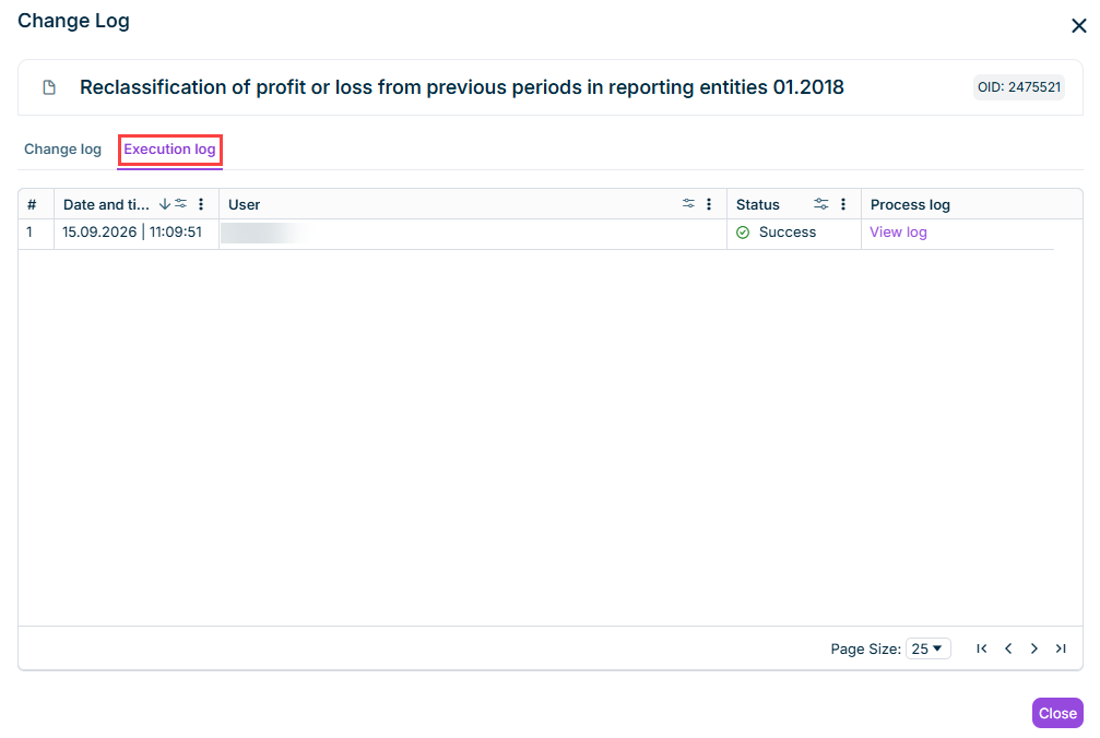 Shows the 'Execution log' tab of the change log.