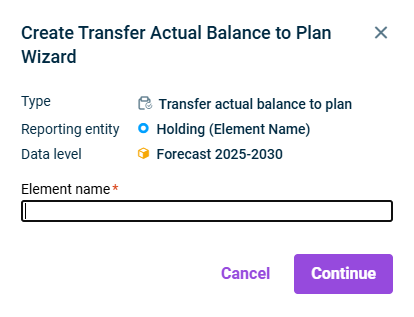 Creating a transfer actual balance to plan wizard