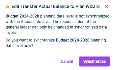 Synchronizing the planning data level with the Actual data level