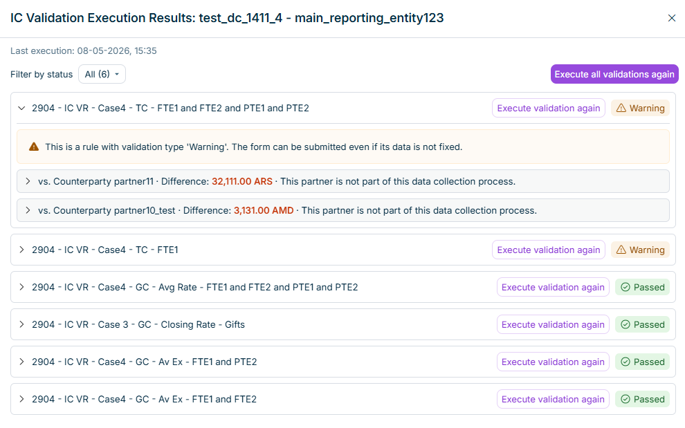 Intercompany validation results are displayed.