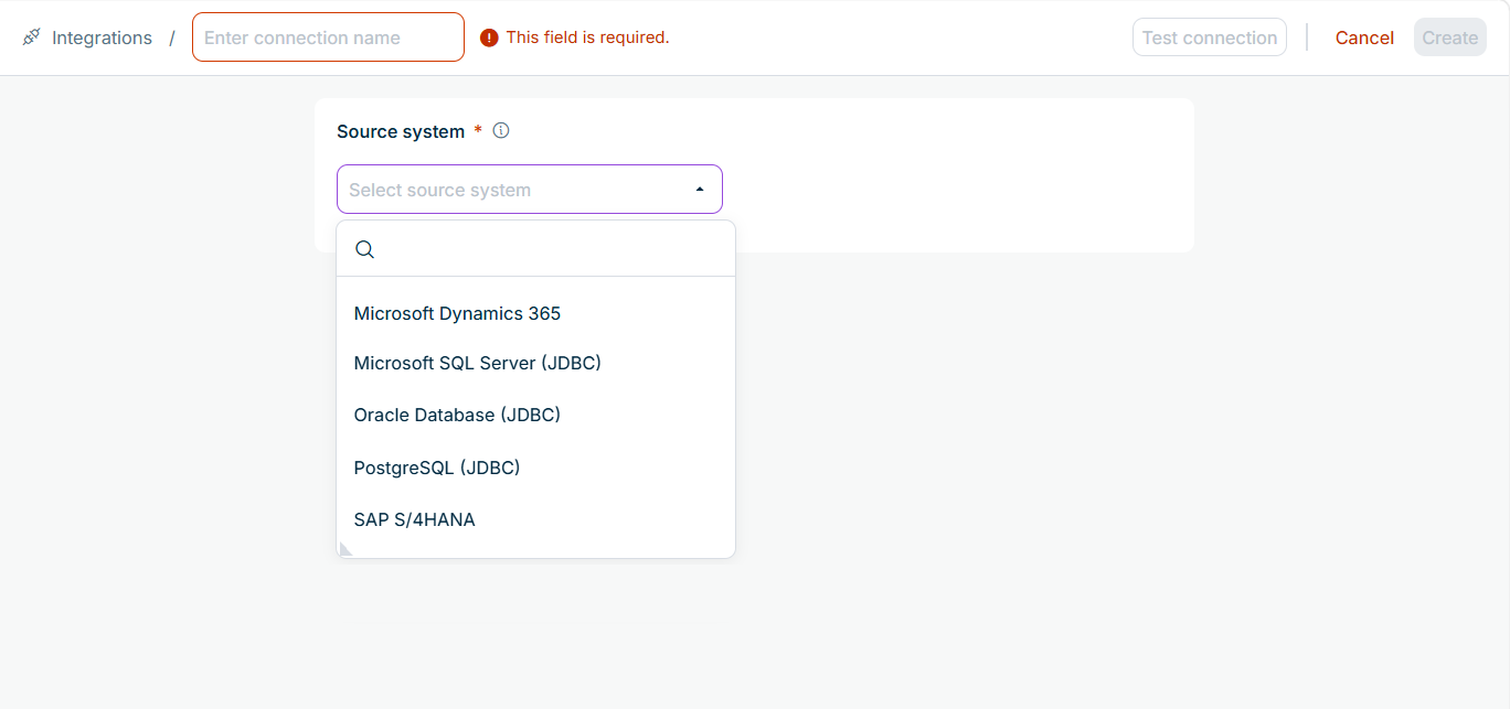 The connection form with the connection name field and the open 'Source system' drop-down list