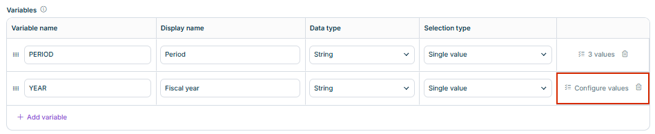 Variables area with the variables PERIOD and YEAR and the columns 'Variable name', 'Display name', 'Data type', and 'Selection type'