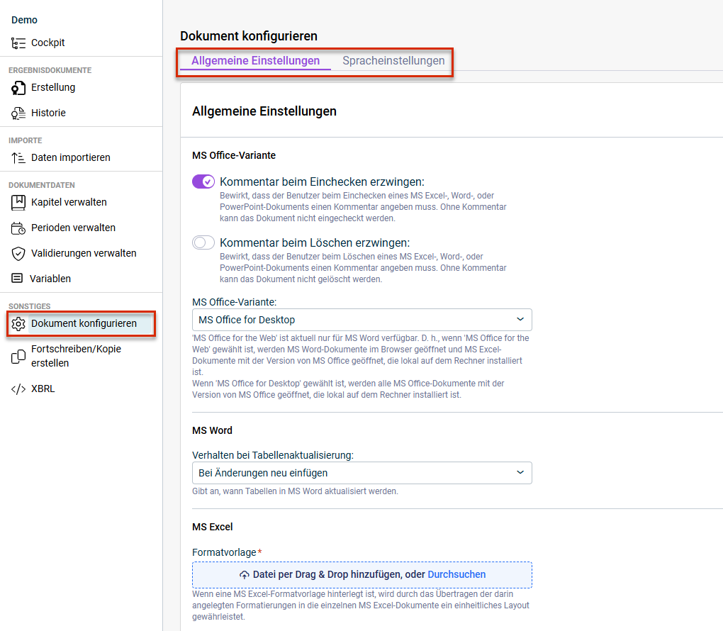 Arbeitsbereich 'Dokument konfigurieren'