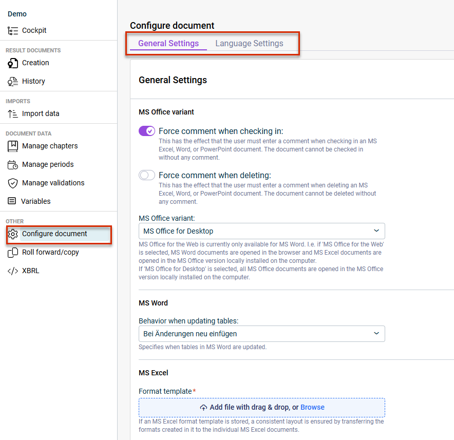 Workspace 'Configure Document'