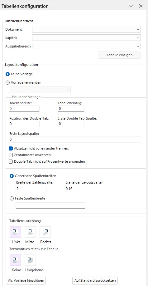Der Screenshot zeigt den Dialog 'Tabellekonfiguration'. Der Dialog enthält Beispielwerte für Dokument, Kapitel und den Ausgabebereich.