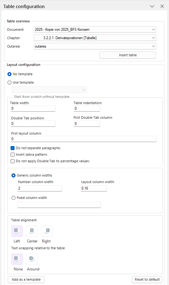 Displays the 'Table configuration' dialog. The dialog contains sample values for document, chapter, and Outarea.
