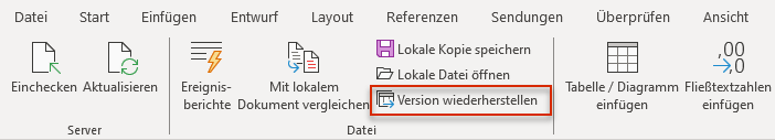 'Recover Version' button in the Word ribbon