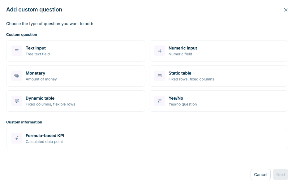 The 'Add custom question' dialog with the six question type options in the 'Custom question' section and the 'Formula-based KPI' option in the 'Custom information' section.