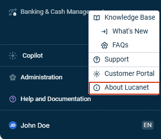 Shows the context menu of the 'Help' section in the main menu. The 'About Lucanet' option is outlined in red.