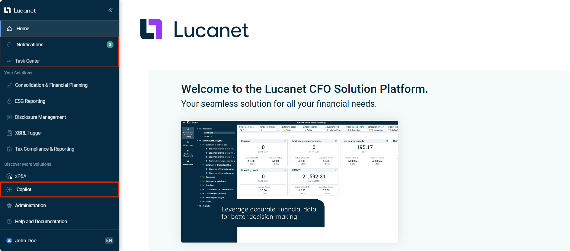 Displays the start page of the Lucanet CFO Solution Platform. The areas for the global functions in the main menu, 'Task Center' and 'Copilot', are highlighted in red.