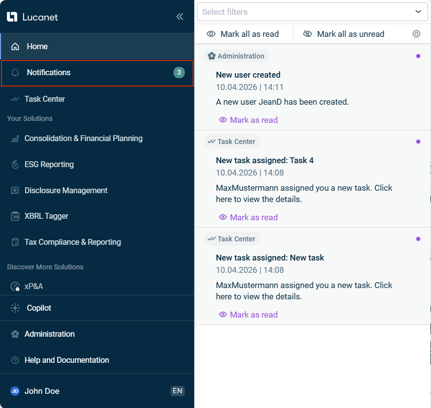 Displays the 'Notifications' section in the main menu