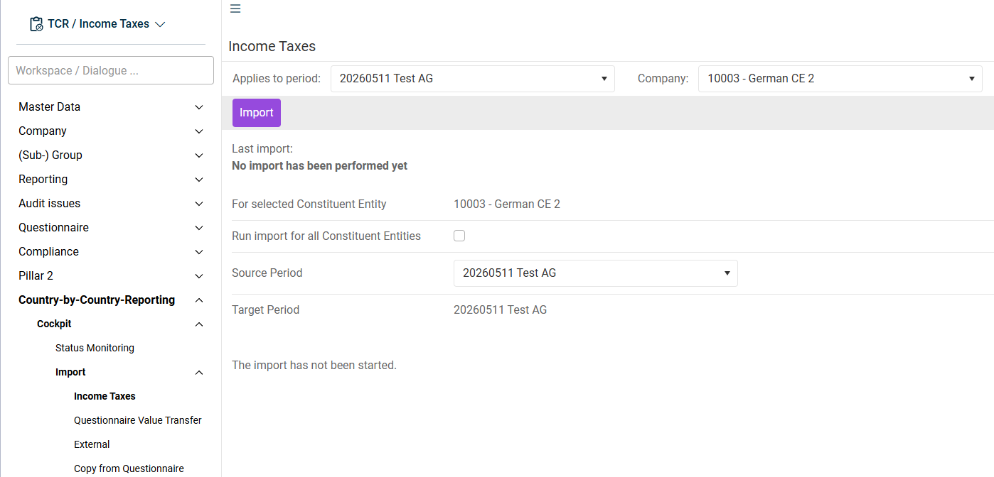 The import taxes workspace and the import folder are displayed.