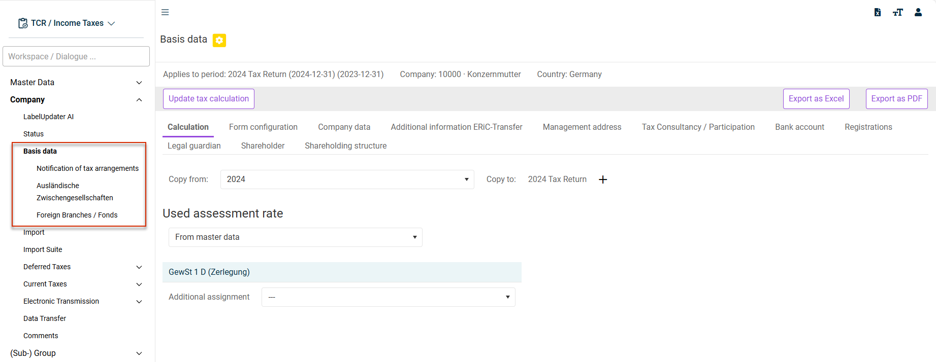 Displays the 'Basic data' workspace
