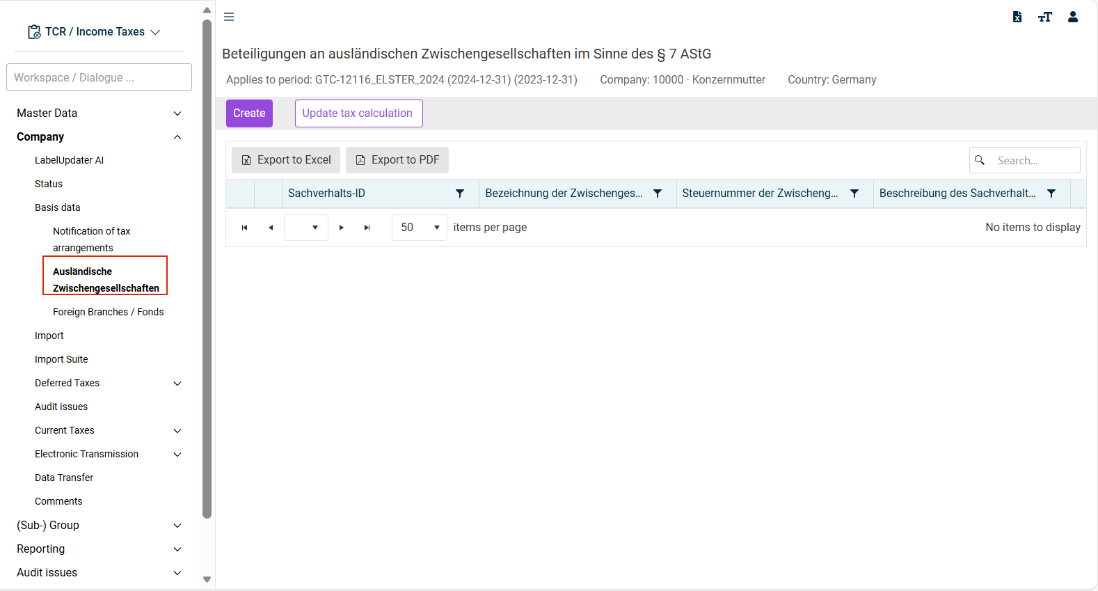 'Ausländische Zwischengesellschaften' (Foreign Intermediate Companies) workspace