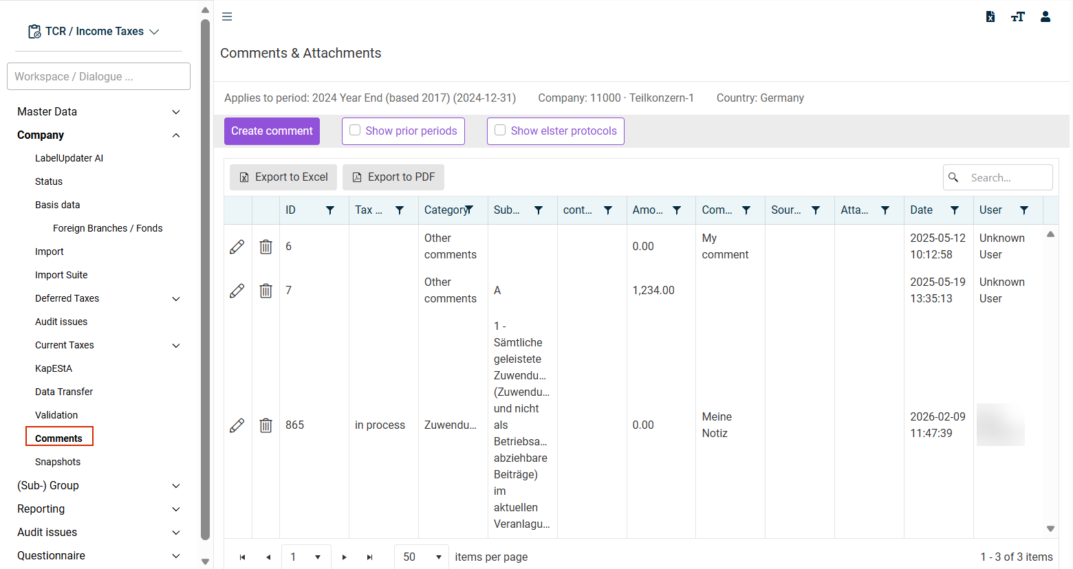 'Comments' workspace