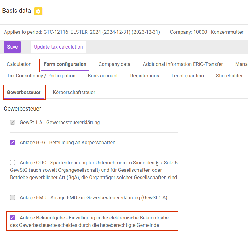 Activating 'Anlage Bekanntgabe' in the 'Local tax' Workspace