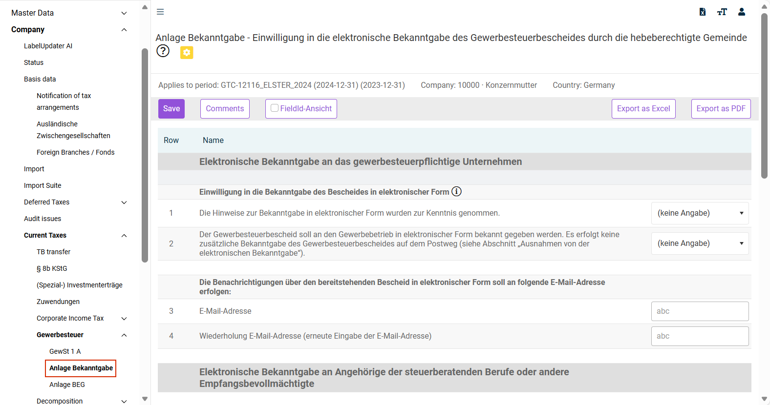 'Anlage Bekanntgabe' (Notification attachment) workspace