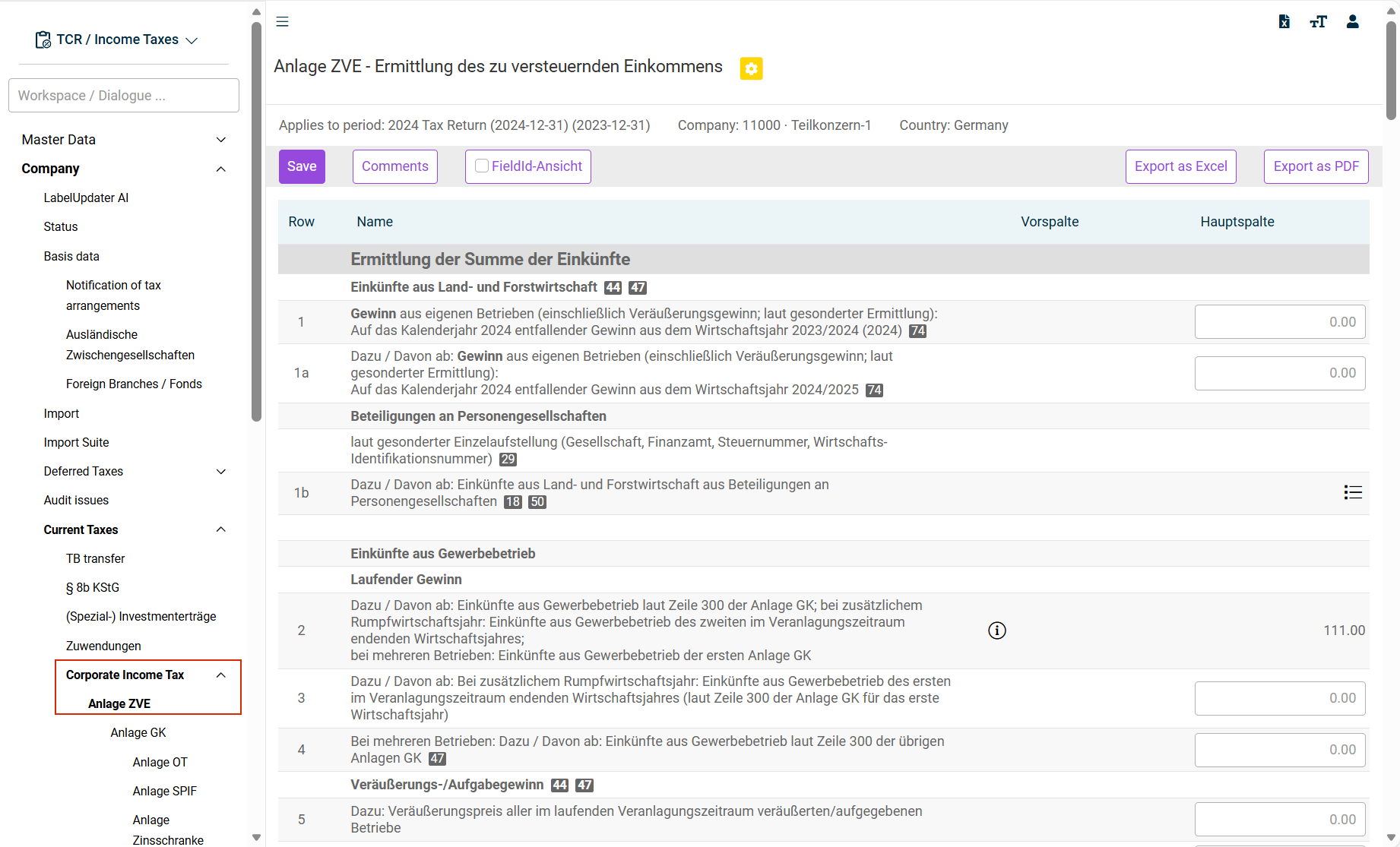 Functional area ‘Corporate income tax’ - 'Anlage ZVE' (ZVE Attachment)