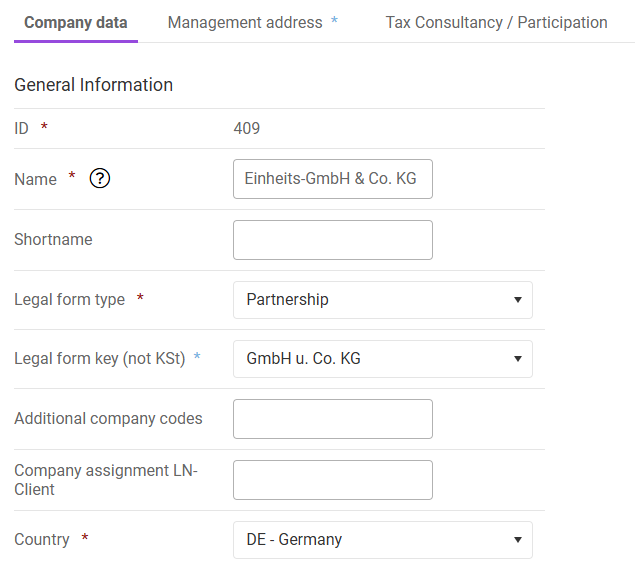 Creating Einheits-GmbH & Co. KG in the master data