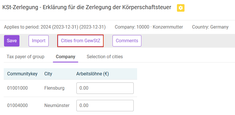 'Cities from GewStZ' function on the 'KSt-Zerlegung' form