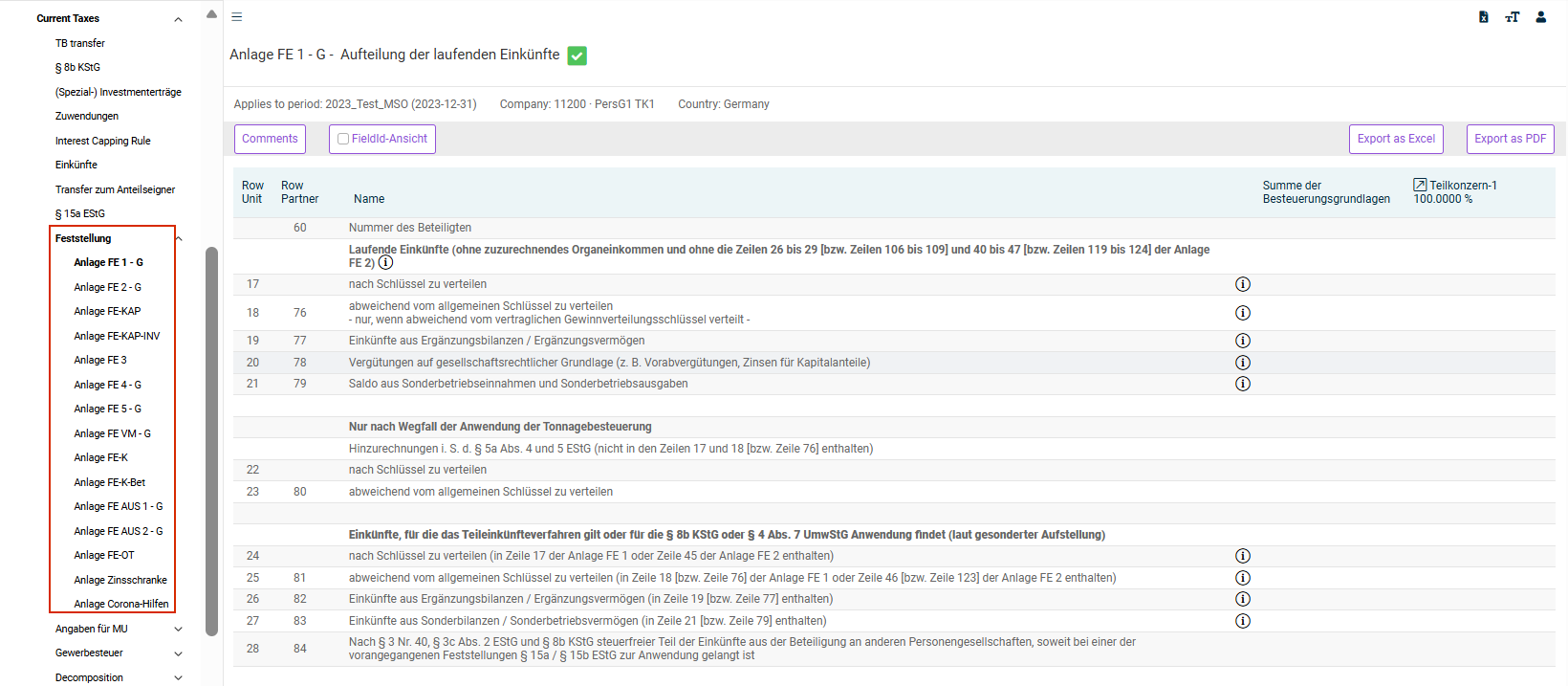 'Feststellung' (Determination) workspace with 'Anlage FE 1 – VuV'