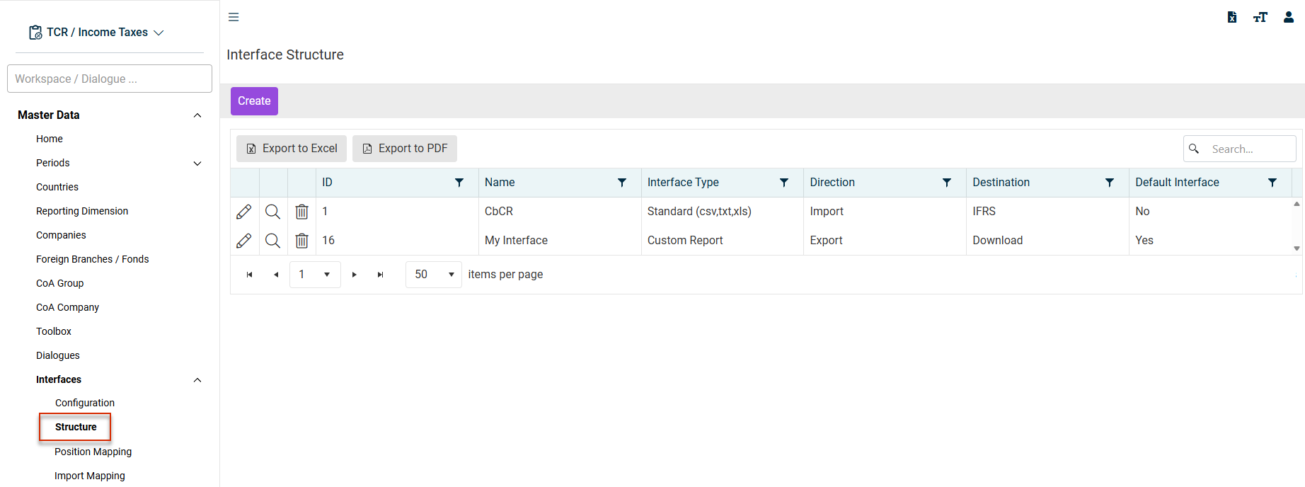 Creating an interface structure in the master data