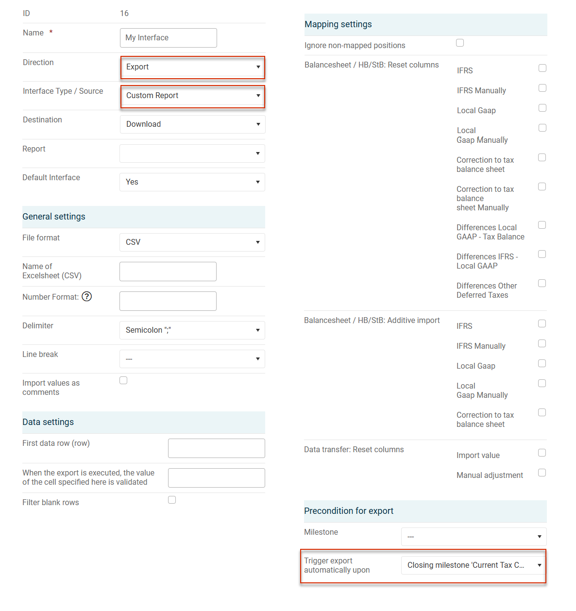Configuring automatic export