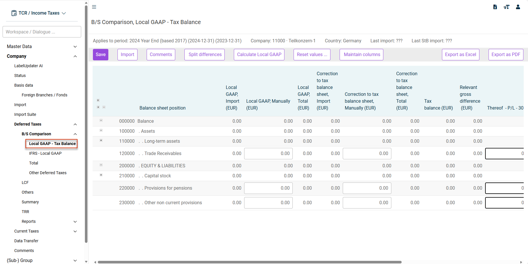 B/S Comparison, Local GAAP - Tax Balance