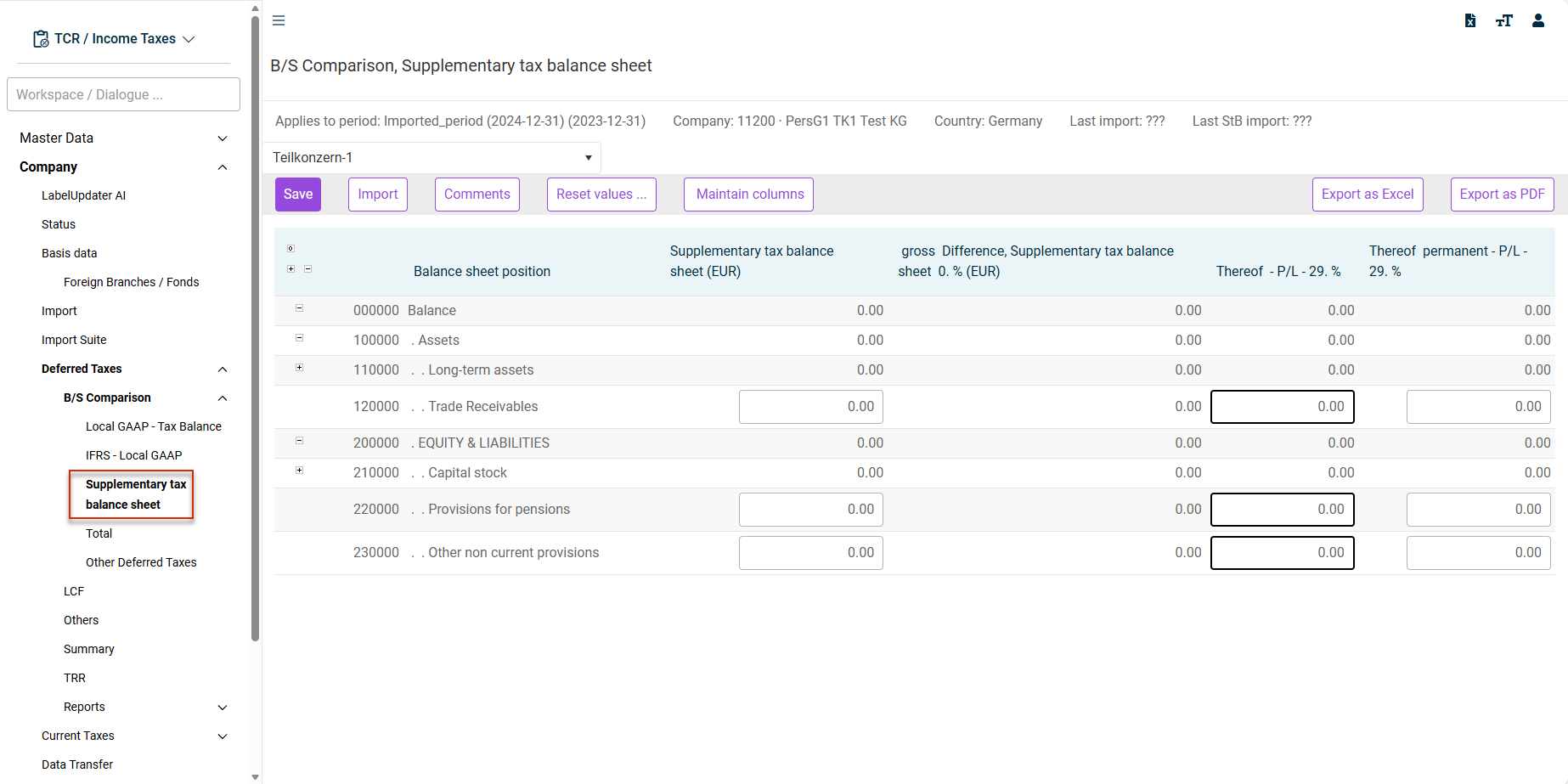 Complementary tax balance sheet