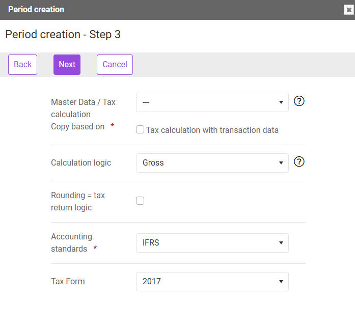 Options for creating a period in master data