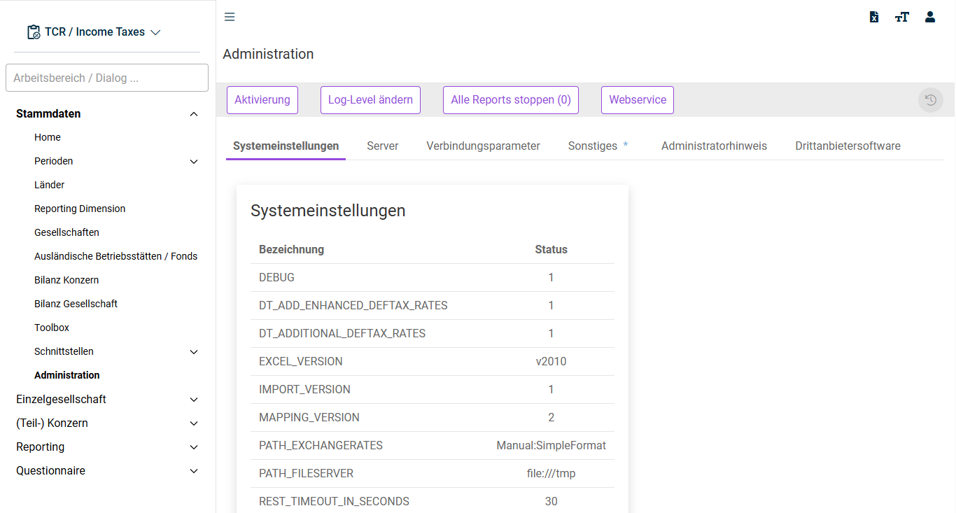 The master data workspace 'Administration' is displayed.