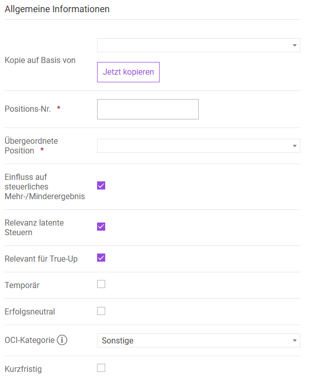 Form for creating a new balance sheet position
