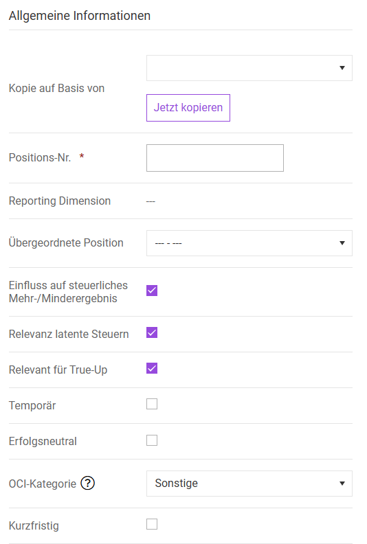 Interface excerpt showing the process of creating a new balance sheet position