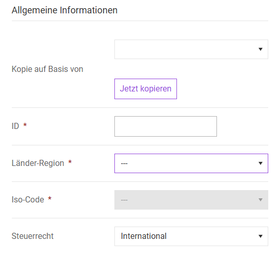 Displays the 'General Information' section for configuring an element of type 'Country'