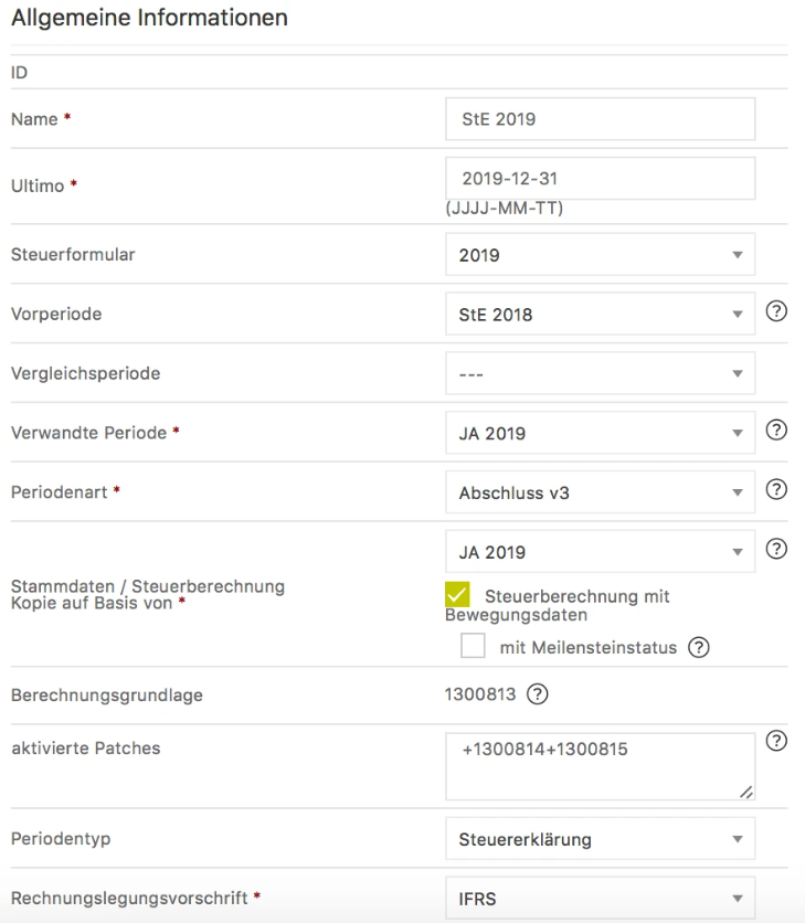 The example configuration for tax return with true-up period 2019 is displayed.