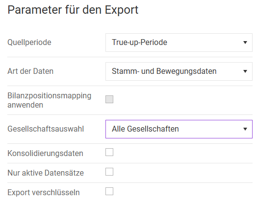 The parameters for a period export are displayed.