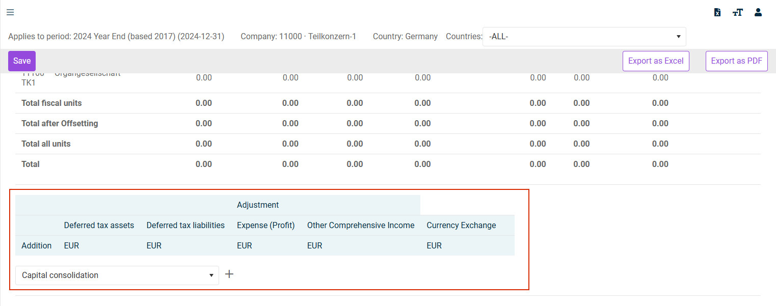 Consolidation adjustments in the ‘(Sub-)Group | Deferred Taxes’ workspace