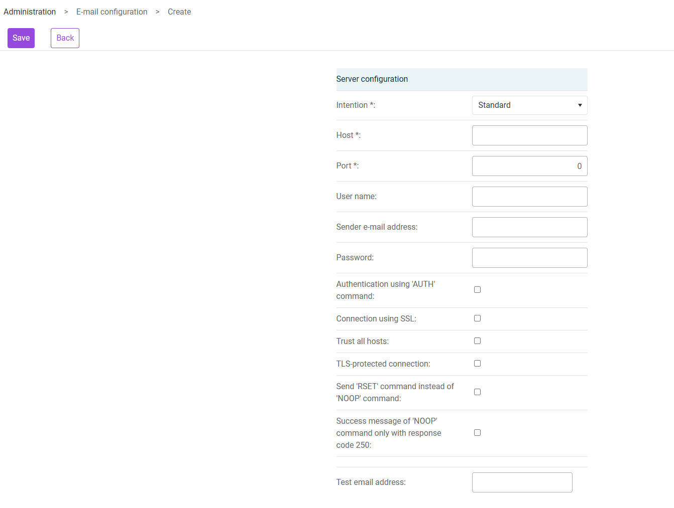 Options for an e-mail configuration