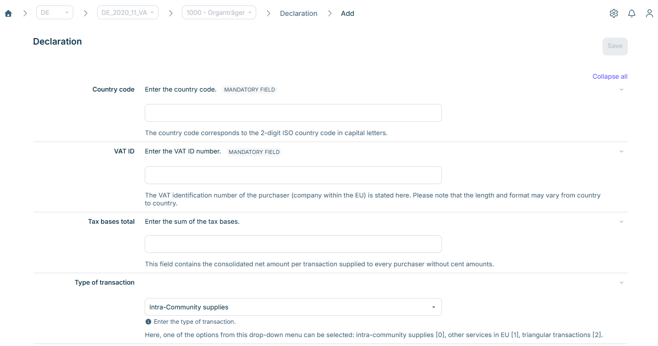 Shows the view for adding an entry in the 'Declaration' workspace of the European Sales List in VAT with the 'Save' button, the 'Country code' and 'VAT ID' fields marked as mandatory fields, the 'Tax bases total' field, and the 'Type of transaction' drop-down list with the value 'Intra-Community supplies'.
