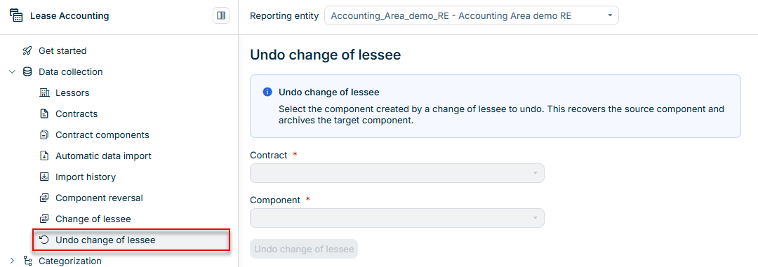 Displays the Undo change of lessee workspace with the contract and component drop-down lists.