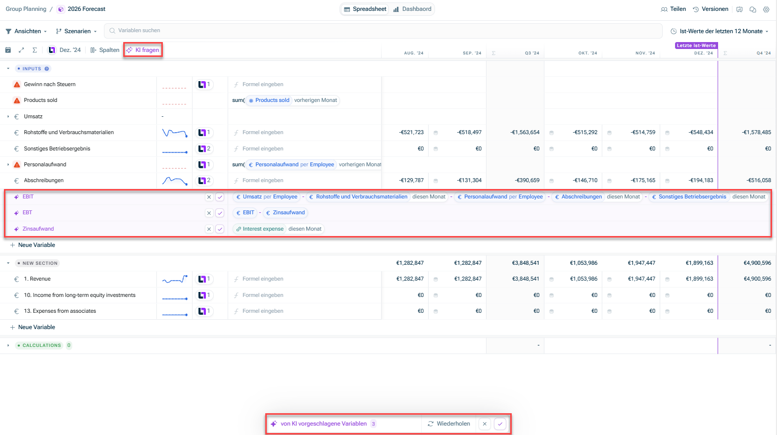 Zeigt das Spreadsheet eines Modells. Hervorgehoben ist die Option „KI fragen“, vier Variablen, die von der KI vorgeschlagen wurden, und unten die Option, alle von der KI vorgeschlagenen Variablen zu akzeptieren.