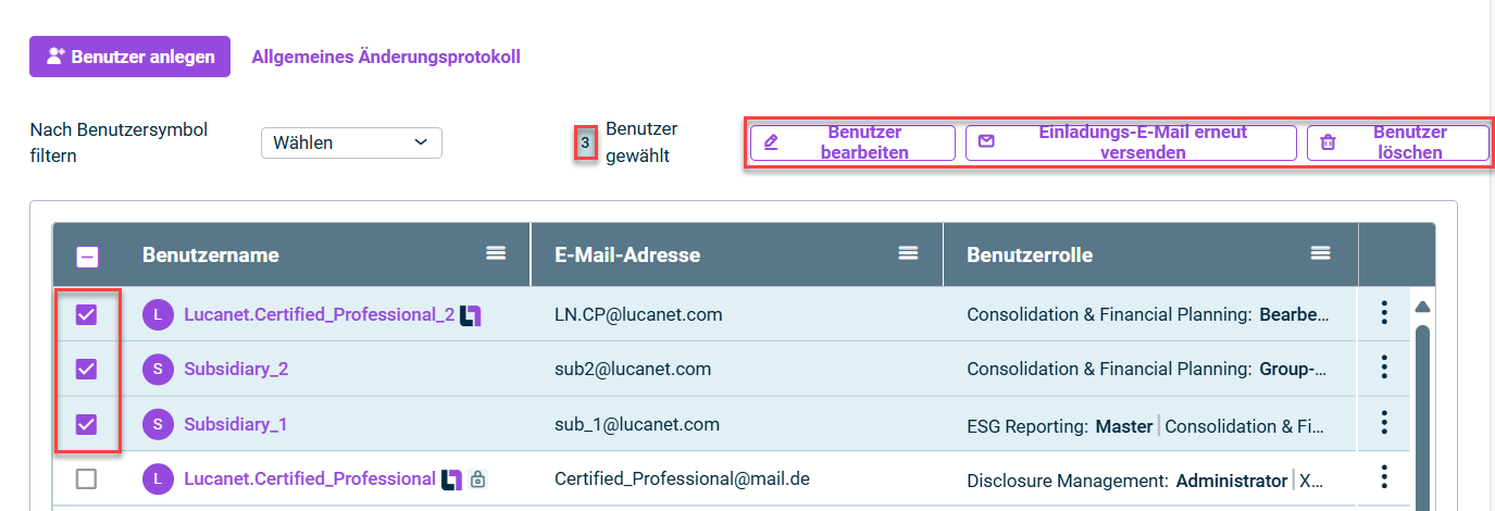 Die Benutzerübersicht im Arbeitsbereich 'Benutzer' wird angezeigt. In der Tabelle sind die ersten drei Benutzer gewählt. Die entsprechenden aktivierten Kontrollkästchen sind rot umrandet. Über der Tabelle ist die Anzahl der gewählten Benutzer '3' in rot umrandet. Daneben sind die drei Schaltflächen 'Benutzer bearbeiten', 'Einladungs-E-Mail erneut versenden' und 'Benutzer löschen' rot umrandet.