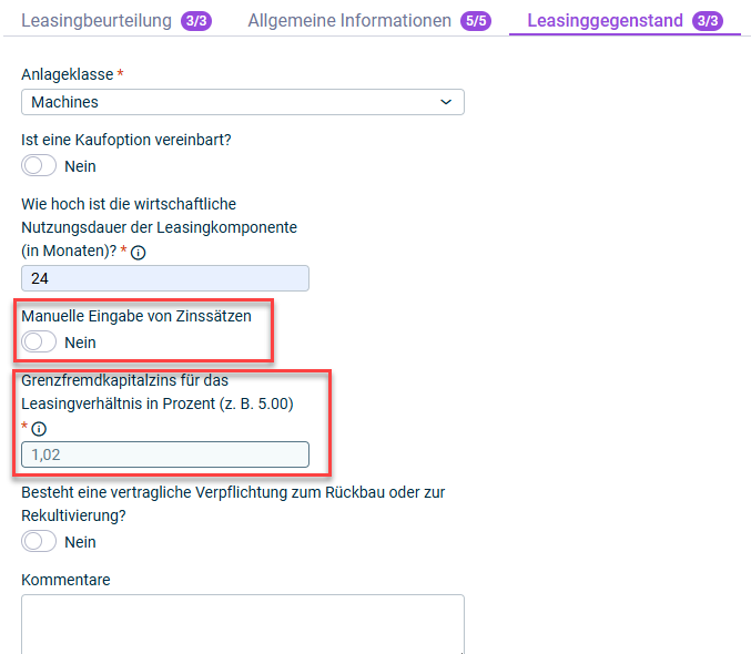 Zeigt die Option zur manuellen Eingabe von Zinssätzen im Menü zur Erstellung von Vertragskomponenten an.